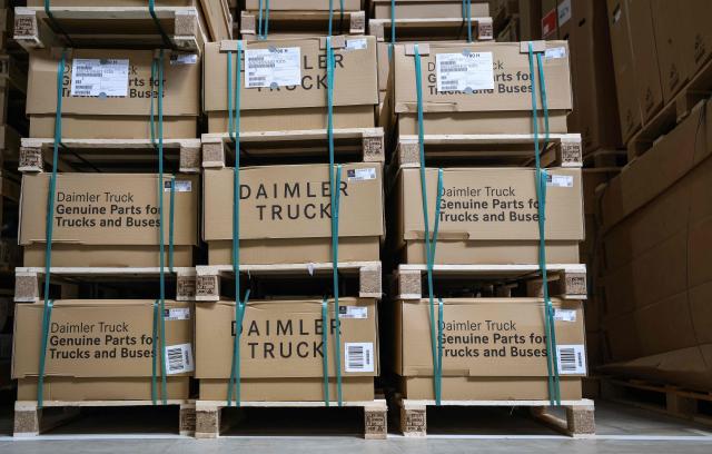 Spare parts packaged for worldwide shipment are stored in the warehouse of the new Daimler Truck Global Parts Center (GPC) in Halberstadt, eastern Germany, on June 23, 2026. Following its opening in 2025, the company has brought the logistics center fully online and now ships to 170 countries worldwide. (Photo by Ronny HARTMANN / AFP)