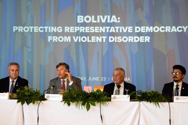 (L-R) Argentina's Fereign Minister Pablo Quirno, US Deputy Secretary of State Christopher Landau, US Senior Bureau Official for Western Hemisphere Affairs, Michael G. Kozak, and Bolivia's Foreign Minister Fernando Aramayo, attend the meeting "Bolivia: Protecting Representative Democracy from Violent Disorder" at the Intercontinental hotel in Panama City on June 23, 2026. (Photo by ARNULFO FRANCO / AFP)
