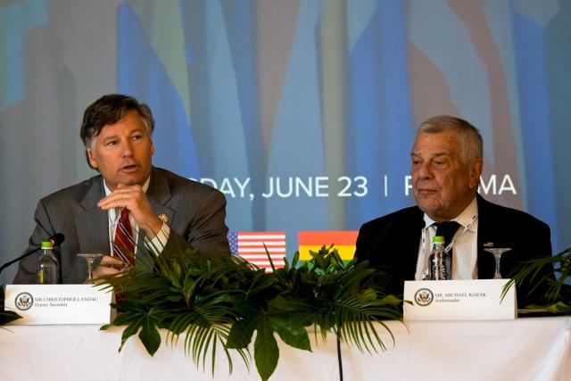 US Deputy Secretary of State Christopher Landau (L) and US Senior Bureau Official for Western Hemisphere Affairs, Michael G. Kozak, attend the meeting "Bolivia: Protecting Representative Democracy from Violent Disorder" at the Intercontinental hotel in Panama City on June 23, 2026. (Photo by ARNULFO FRANCO / AFP)