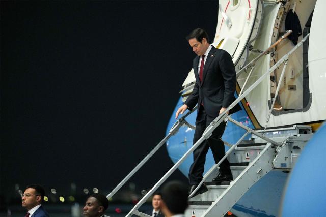 US Secretary of State Marco Rubio disembarks his aircraft upon arrival at al-Bateen Executive Airport in Abu Dhabi on June 23, 2026, on the first stop of a tour of Gulf states aimed at showing solidarity with key allies hit hard by the Middle East war. Rubio's delicate mission comes with Gulf countries having paid a heavy economic price for the US and Israel's decision to go to war with Iran against their wishes, prompting Tehran to lash out at its regional neighbours. (Photo by Eric Lee / POOL / AFP)