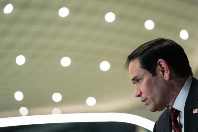 US Secretary of State Marco Rubio speaks to the media upon arrival at al-Bateen Executive Airport in Abu Dhabi on June 23, 2026, on the first stop of a tour of Gulf states aimed at showing solidarity with key allies hit hard by the Middle East war. Rubio's delicate mission comes with Gulf countries having paid a heavy economic price for the US and Israel's decision to go to war with Iran against their wishes, prompting Tehran to lash out at its regional neighbours. (Photo by Eric Lee / POOL / AFP)