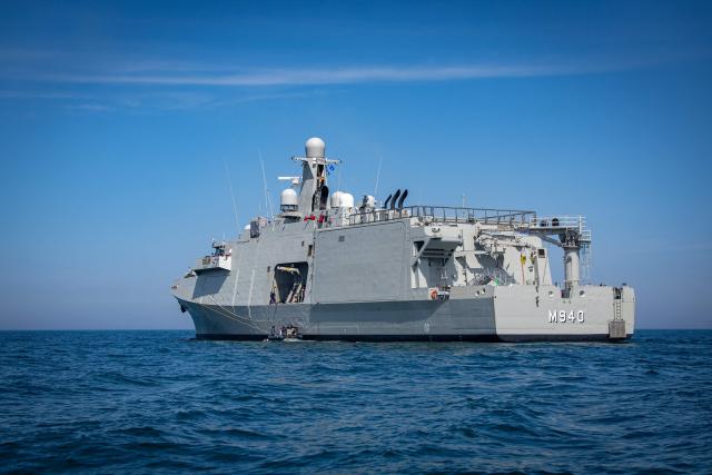 This photograph shows the new Belgian Mine countermeasures vessel M940 near the Zeebrugge naval base on June 23, 2026. (Photo by KURT DESPLENTER / Belga / AFP) / Belgium OUT