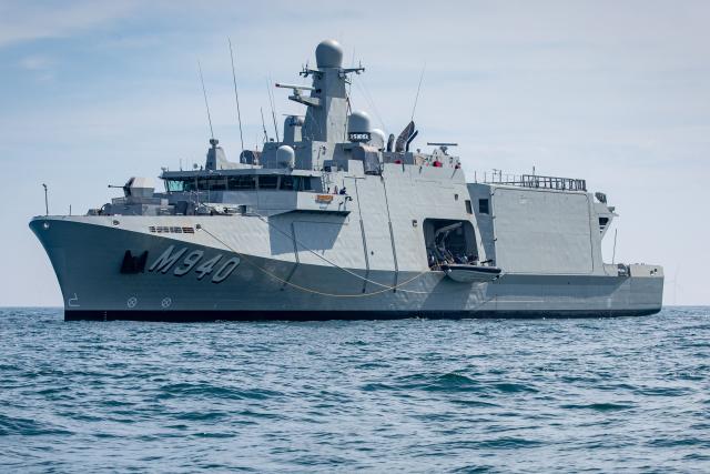 This photograph shows the new Belgian Mine countermeasures vessel M940 near the Zeebrugge naval base on June 23, 2026. (Photo by KURT DESPLENTER / Belga / AFP) / Belgium OUT