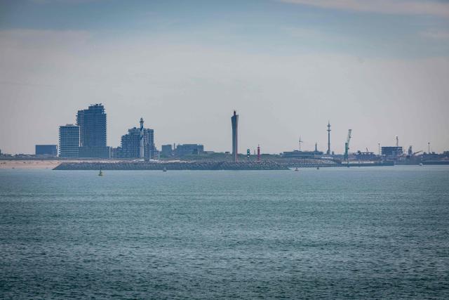 This photograph shows the Ostend Radar Tower (C) at the entrance of the port of Ostend on June 23, 2026. (Photo by KURT DESPLENTER / Belga / AFP) / Belgium OUT