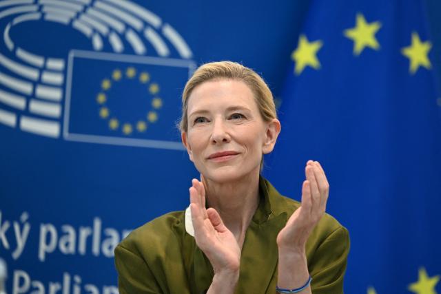 Australian actress and producer Cate Blanchett looks as she attends the launch of the "RSL Media Human Consent Registry to Protect Identity in the Age of AI", at the EU Parliament in Brussels on June 23, 2026. (Photo by Nicolas TUCAT / AFP)