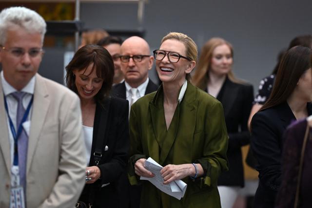 Australian actress and producer Cate Blanchett reacts as she arrives at the launch of the "RSL Media Human Consent Registry to Protect Identity in the Age of AI", at the EU Parliament in Brussels on June 23, 2026. (Photo by Nicolas TUCAT / AFP)