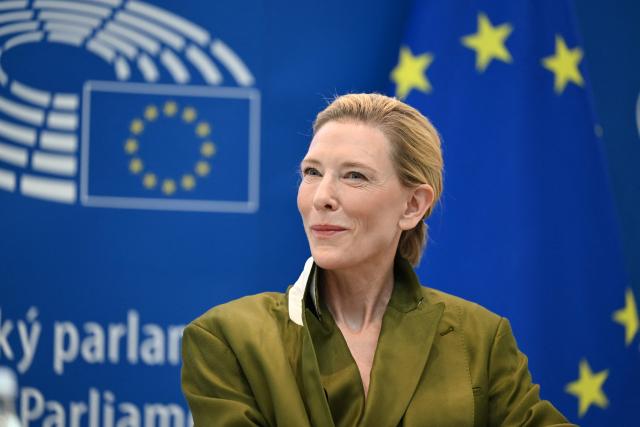 Australian actress and producer Cate Blanchett looks as she attends the launch of the "RSL Media Human Consent Registry to Protect Identity in the Age of AI", at the EU Parliament in Brussels on June 23, 2026. (Photo by Nicolas TUCAT / AFP)
