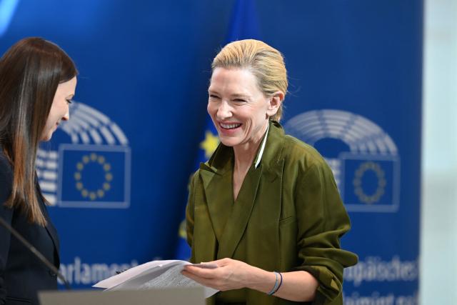 Australian actress and producer Cate Blanchett attends the launch of the "RSL Media Human Consent Registry to Protect Identity in the Age of AI", at the EU Parliament in Brussels on June 23, 2026. (Photo by Nicolas TUCAT / AFP)