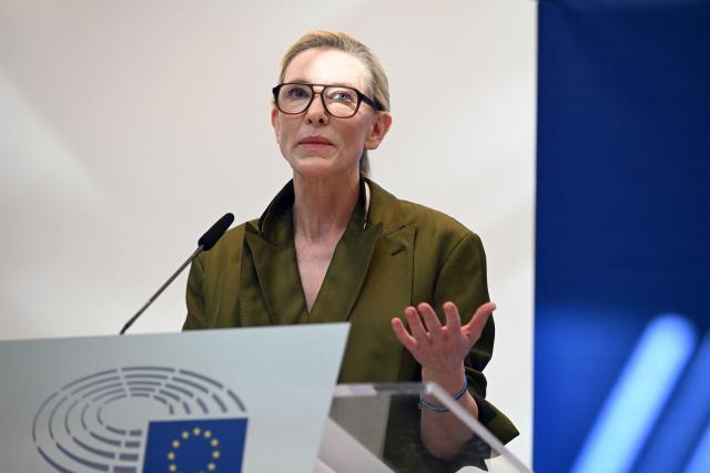 Australian actress and producer Cate Blanchett delivers remarks during the launch of the "RSL Media Human Consent Registry to Protect Identity in the Age of AI", at the EU Parliament in Brussels on June 23, 2026. (Photo by Nicolas TUCAT / AFP)