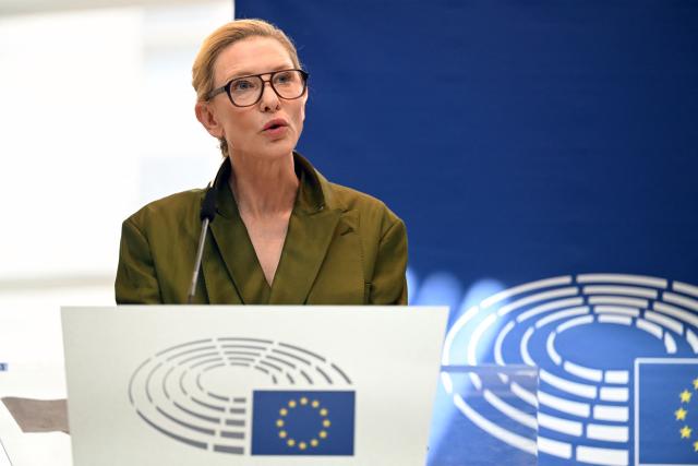 Australian actress and producer Cate Blanchett delivers remarks during the launch of the "RSL Media Human Consent Registry to Protect Identity in the Age of AI", at the EU Parliament in Brussels on June 23, 2026. (Photo by Nicolas TUCAT / AFP)