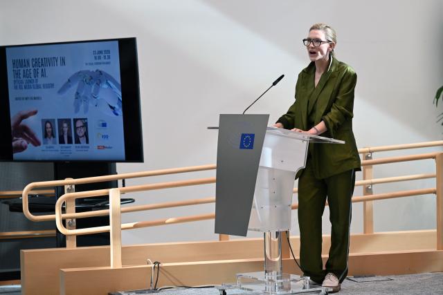 Australian actress and producer Cate Blanchett delivers remarks during the launch of the "RSL Media Human Consent Registry to Protect Identity in the Age of AI", at the EU Parliament in Brussels on June 23, 2026. (Photo by Nicolas TUCAT / AFP)