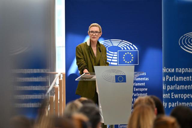 Australian actress and producer Cate Blanchett delivers remarks during the launch of the "RSL Media Human Consent Registry to Protect Identity in the Age of AI", at the EU Parliament in Brussels on June 23, 2026. (Photo by Nicolas TUCAT / AFP)