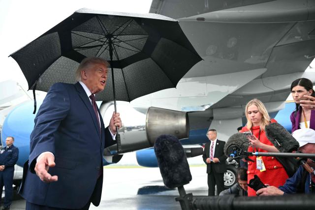 US President Donald Trump speaks to the press after stepping off Air Force One at Reading Regional Airport (RDG) in Berks County, Pennsylvania, on June 23, 2026. (Photo by Mandel NGAN / AFP)