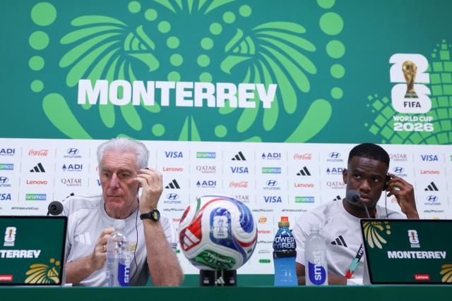 South Africa's Belgian head coach Hugo Broos (L) and midfielder #13 Sphephelo Sithole give a press conference at the Monterrey Stadium in Mexico on June 23, 2026, on the eve of the 2026 World Cup match between South Africa and South Korea. (Photo by Julio Cesar AGUILAR / AFP)
