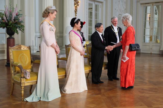 (FROM L) Queen Mathilde of Belgium, Japanese Empress Masako, Japanese Emperor Naruhito and King Philippe - Filip of Belgium attend a state banquet at the Castle of Laeken - Laken in Brussels on June 23, 2026, during the official state visit of the Japanese Emperor and Empress to Belgium. The Emperor and Empress of Japan visit Belgium from June 20 to 25, 2026. (Photo by BENOIT DOPPAGNE / Belga / AFP) / Belgium OUT
