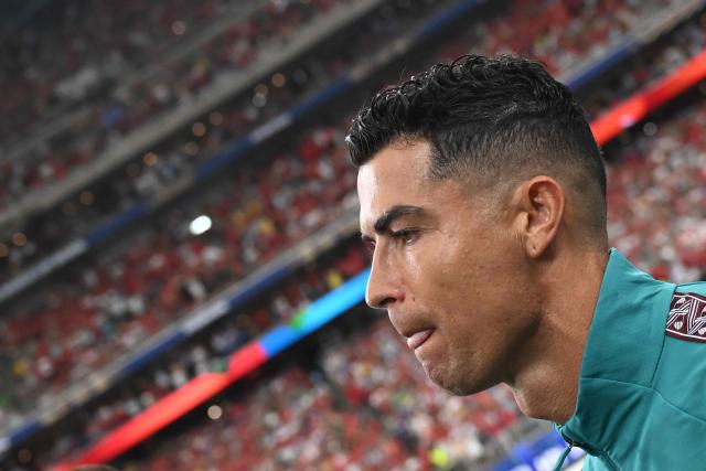 Portuguese footballer Cristiano Ronaldo arrives to compete in the 2026 World Cup Group K football match between Portugal and Uzbekistan at the Houston Stadium in Houston on June 23, 2026.  (Photo by Paul ELLIS / AFP)