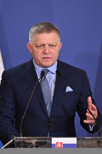 Slovakia's Prime Minister Robert Fico delivers a press conference after a meeting of the Visegrad Group (V4) in the Royal Castle of Godollo, Hungary, on June 23, 2026. The Prime Ministers of the Visegrad countries, Hungary, Poland, Czech Republic and Slovakia, discussed about energy security, migration and EU funds during a meeting aimed to strengthen Central European cooperation and coordinate common regional interests. (Photo by Attila KISBENEDEK / AFP)