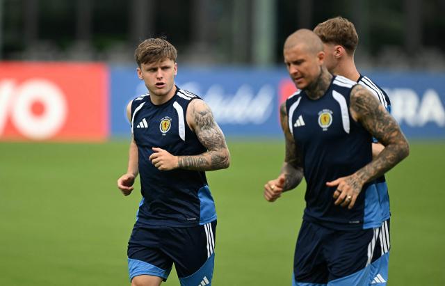 Scotland's forwards #17 Ben Gannon-Doak (L) and #09 Lyndon Dykes jog during a training session at Inter Miami Stadium in Fort Lauderdale, Florida on June 23, 2026. (Photo by CHANDAN KHANNA / AFP)