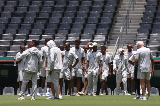 South Africa's players walk on the pitch at the Monterrey Stadium in Mexico on June 23, 2026, on the eve of the 2026 World Cup match between South Africa and South Korea. (Photo by Julio Cesar AGUILAR / AFP)