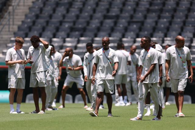 South Africa's players walk on the pitch at the Monterrey Stadium in Mexico on June 23, 2026, on the eve of the 2026 World Cup match between South Africa and South Korea. (Photo by Julio Cesar AGUILAR / AFP)