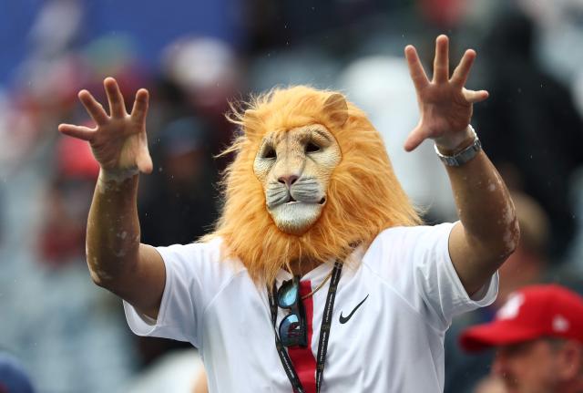 An English fan cheers ahead of the 2026 World Cup Group L football match between England and Ghana at the Boston Stadium in Foxborough on June 23, 2026.  (Photo by FRANCK FIFE / AFP)