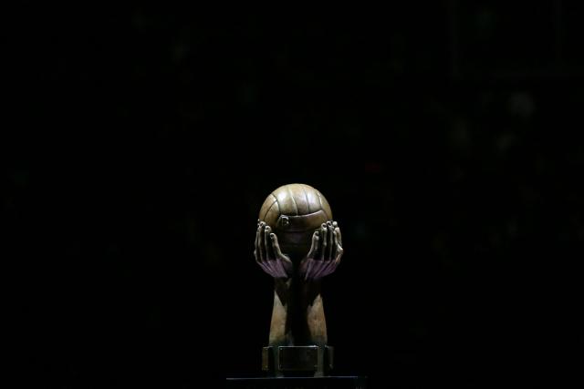 This photograph shows the trophy displayed ahead of the French Ligue Nationale de Basket (LNB Elite) Pro A match 5 of the final between Paris Basketball and AS Monaco Basket, at the Adidas Arena in Paris on June 23, 2026. (Photo by JULIEN DE ROSA / AFP)