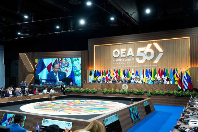 Members and delegates attend a plenary session of the 56th General Assembly of the OAS in Panama City on June 23, 2026. Panama is hosting the OAS General Assembly from June 24 to 26, bringing together foreign ministers, diplomats and representatives from across the Americas to discuss regional cooperation and key hemispheric issues. (Photo by ARNULFO FRANCO / AFP)