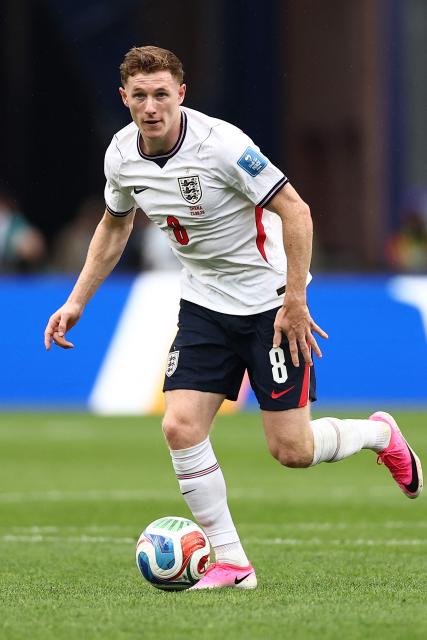 England's midfielder #08 Elliot Anderson runs with the ball during the 2026 World Cup Group L football match between England and Ghana at the Boston Stadium in Foxborough on June 23, 2026.  (Photo by CHARLY TRIBALLEAU / AFP)