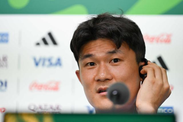 South Korea's defender #04 Kim Min-jae gives a press conference at the Monterrey stadium, Mexico on June 23, 2026, during the 2026 World Cup football tournament. (Photo by Yuri CORTEZ / AFP)