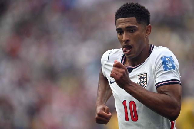 England's midfielder #10 Jude Bellingham reacts  during the 2026 World Cup Group L football match between England and Ghana at the Boston Stadium in Foxborough on June 23, 2026.  (Photo by MAURO PIMENTEL / AFP)