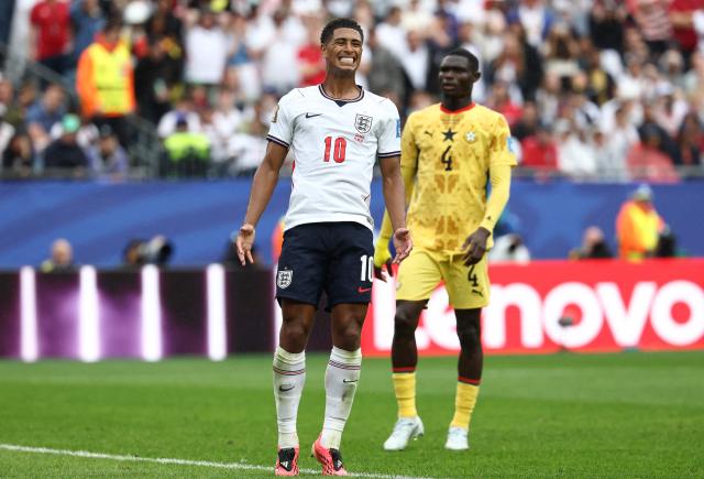 England's midfielder #10 Jude Bellingham reacts  during the 2026 World Cup Group L football match between England and Ghana at the Boston Stadium in Foxborough on June 23, 2026.  (Photo by FRANCK FIFE / AFP)