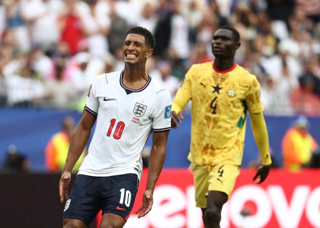 England's midfielder #10 Jude Bellingham reacts  during the 2026 World Cup Group L football match between England and Ghana at the Boston Stadium in Foxborough on June 23, 2026.  (Photo by FRANCK FIFE / AFP)