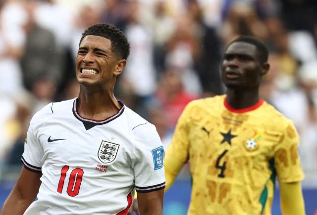 England's midfielder #10 Jude Bellingham reacts  during the 2026 World Cup Group L football match between England and Ghana at the Boston Stadium in Foxborough on June 23, 2026.  (Photo by FRANCK FIFE / AFP)