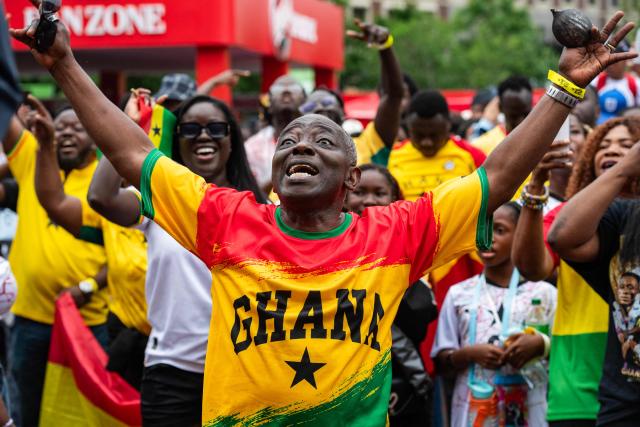 Ghana fans cheer on their team at the FIFA Fan Festival watch party for the  2026 World Cup football tournament match between England and Ghana in Boston, Massachusetts, on June 23, 2026. (Photo by JOSEPH PREZIOSO / AFP)