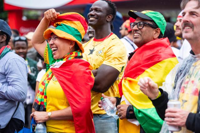 Ghana fans cheer on their team at the England vs Ghana watch party at the FIFA Fan Festival in Boston, Massachusetts, on June 23, 2026. (Photo by JOSEPH PREZIOSO / AFP)