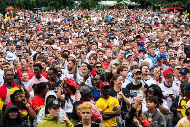 Fans fill Government Center at the England vs Ghana watch party at the FIFA Fan Festival in Boston, Massachusetts, on June 23, 2026. (Photo by JOSEPH PREZIOSO / AFP)