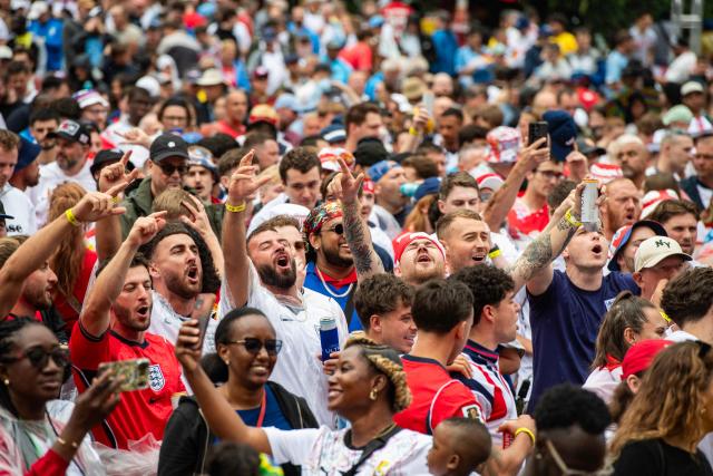 England fans cheer on their team at the England vs Ghana watch party at the FIFA Fan Festival in Boston, Massachusetts, on June 23, 2026. (Photo by JOSEPH PREZIOSO / AFP)