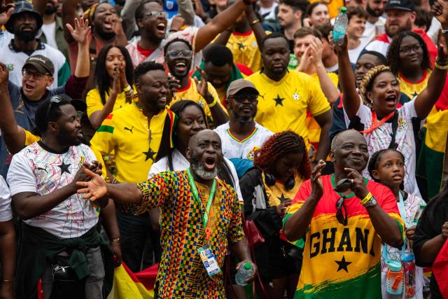 Ghana fans cheer on their team at the England vs Ghana watch party at the FIFA Fan Festival in Boston, Massachusetts, on June 23, 2026. (Photo by JOSEPH PREZIOSO / AFP)