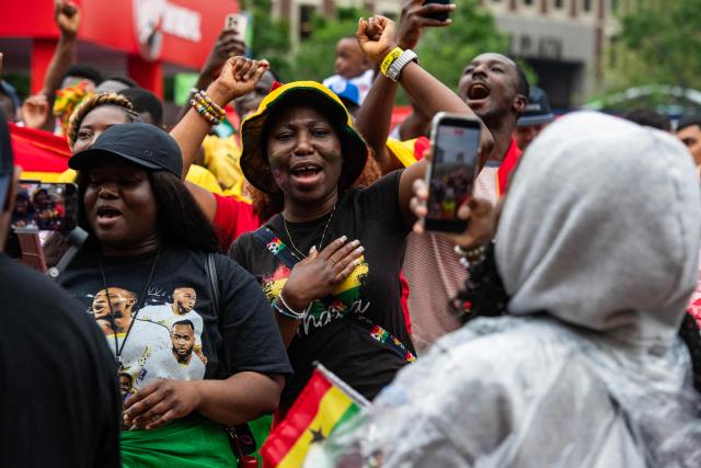 Ghana fans cheer on their team at the England vs Ghana watch party at the FIFA Fan Festival in Boston, Massachusetts, on June 23, 2026. (Photo by JOSEPH PREZIOSO / AFP)