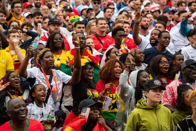 Ghana fans cheer on their team at the England vs Ghana watch party at the FIFA Fan Festival in Boston, Massachusetts, on June 23, 2026. (Photo by JOSEPH PREZIOSO / AFP)