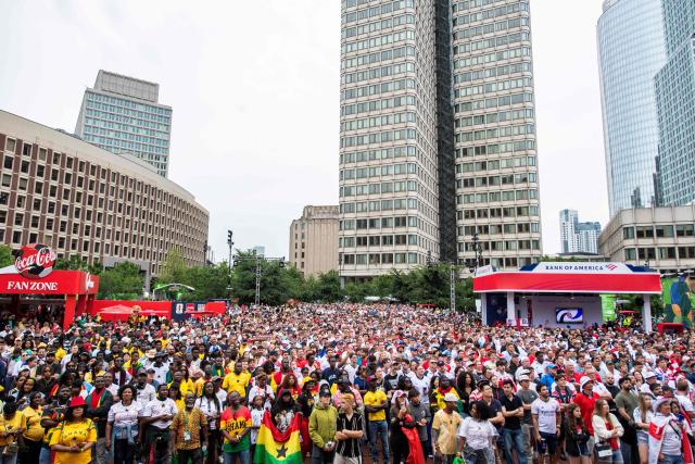 Fans fill Government Center at the England vs Ghana watch party at the FIFA Fan Festival in Boston, Massachusetts, on June 23, 2026. (Photo by JOSEPH PREZIOSO / AFP)