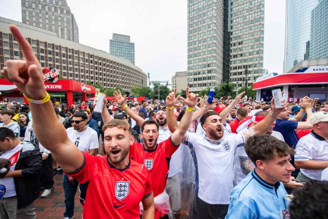 England fans cheer on their team at the England vs Ghana watch party at the FIFA Fan Festival in Boston, Massachusetts, on June 23, 2026. (Photo by JOSEPH PREZIOSO / AFP)
