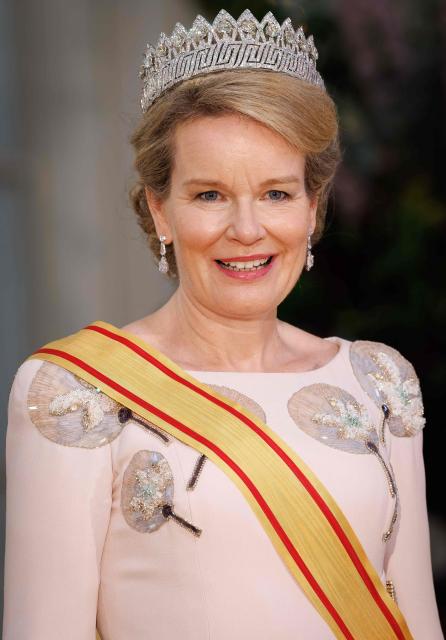 Queen Mathilde of Belgium poses prior to a state banquet at the Castle of Laeken in Brussels on June 23, 2026, as part of an official state visit of the Japanese Emperor and Empress to Belgium. (Photo by BENOIT DOPPAGNE / Belga / AFP) / Belgium OUT