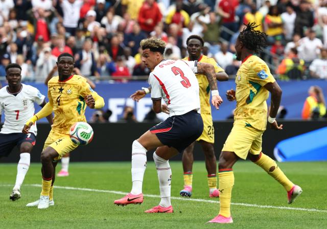 England's defender #03 Nico O'Reilly (C) eyes the ball  during the 2026 World Cup Group L football match between England and Ghana at the Boston Stadium in Foxborough on June 23, 2026.  (Photo by FRANCK FIFE / AFP)