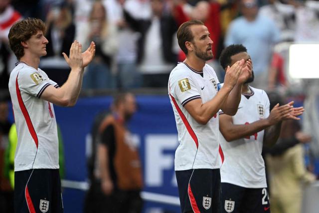 England's forward #09 Harry Kane (R) and England's forward #18 Anthony Gordon (L) react after a draw in the  2026 World Cup Group L football match between England and Ghana at the Boston Stadium in Foxborough on June 23, 2026.  (Photo by MAURO PIMENTEL / AFP)