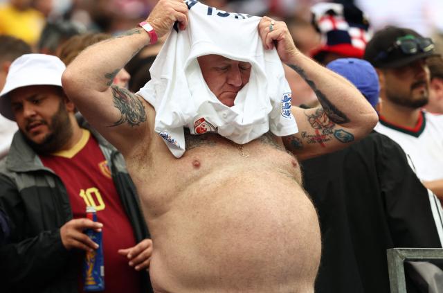 An England supporter reacts after  a draw in the  2026 World Cup Group L football match between England and Ghana at the Boston Stadium in Foxborough on June 23, 2026.  (Photo by FRANCK FIFE / AFP)
