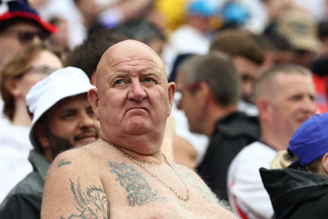 An England supporter reacts after  a draw in the  2026 World Cup Group L football match between England and Ghana at the Boston Stadium in Foxborough on June 23, 2026.  (Photo by FRANCK FIFE / AFP)