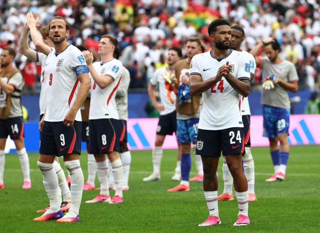 England's forward #09 Harry Kane (L) and England's defender #24 Reece James (R) react after a draw in the  2026 World Cup Group L football match between England and Ghana at the Boston Stadium in Foxborough on June 23, 2026.  (Photo by FRANCK FIFE / AFP)