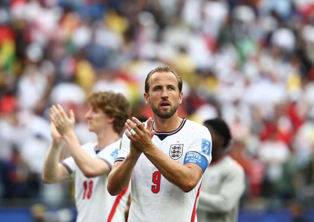 England's forward #09 Harry Kane reacts after a draw in the  2026 World Cup Group L football match between England and Ghana at the Boston Stadium in Foxborough on June 23, 2026.  (Photo by FRANCK FIFE / AFP)