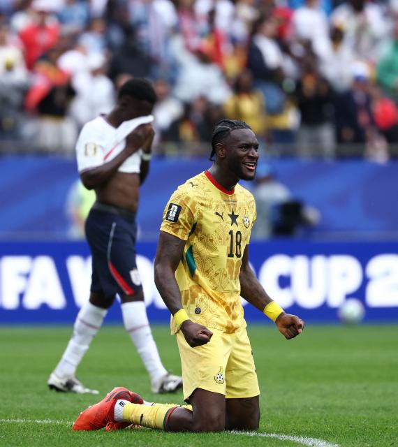 Ghana's defender #18 Jerome Opoku reacts after a draw in the 2026 World Cup Group L football match between England and Ghana at the Boston Stadium in Foxborough on June 23, 2026.  (Photo by FRANCK FIFE / AFP)
